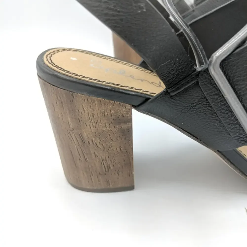 Splendid Womens Size 8 Black Wood‎ Heels Buckle Vacation Open Toe Slingback